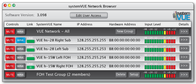SystemVUE software's browser window shows every VUE device connected to the network